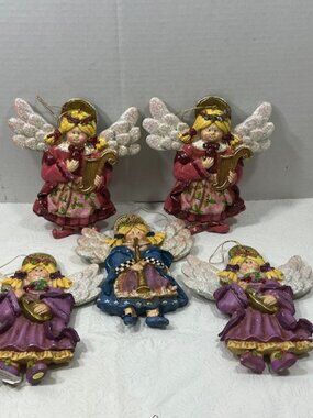 VTG Set 5 Hand Painted Angels w/Musical Instruments Polystone Glitter 5.5"x6.5"